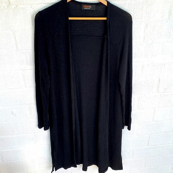 Renee C.Black Ribbed Open Front Black Duster Cardigan sz L - Picture 1 of 6